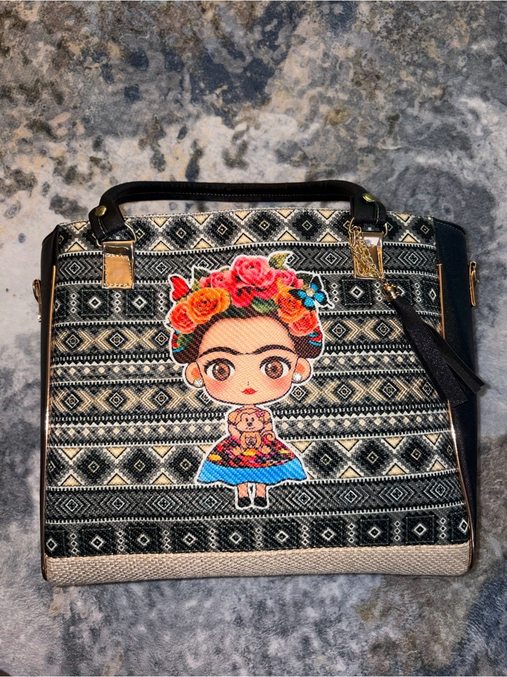 Frida Kahlo Embroidered Black Patterned Women's Tote Bag
